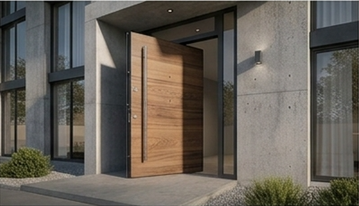 Puerta de entrada de madera pivotante en un acceso moderno