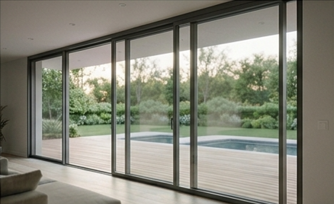 Puerta corredera de PVC con vistas a la piscina