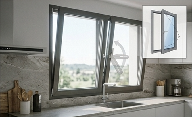 Ventana oscilobatiente de PVC en una cocina