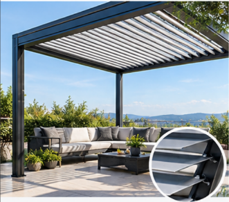 Pérgola bioclimática con lamas orientables sobre una zona de estar