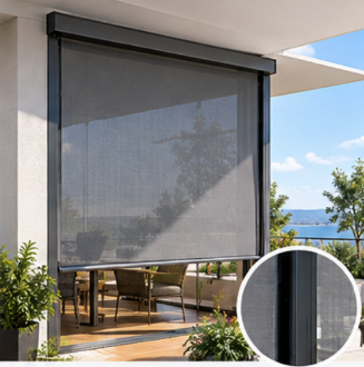 Toldo vertical tipo screen cubriendo un ventanal
